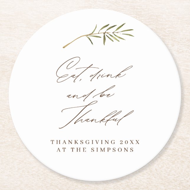 Eat Drink Thankful Watercolor Thanksgiving Family Underlägg Papper Rund (Framsidan)