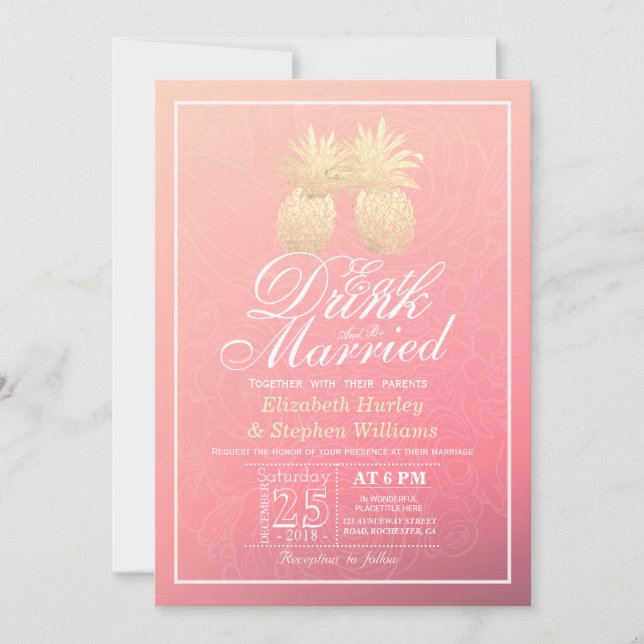 EAT-dryck är gift med ananas Bröllop Guld par Inbjudningar (Framsida)