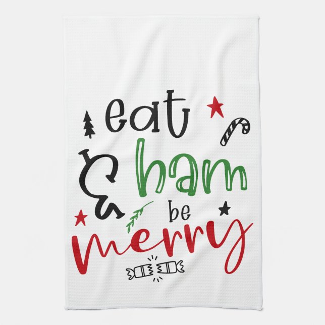 Eat Ham och vara Merry Bright Funny jul Kökshandduk (Vertikal)