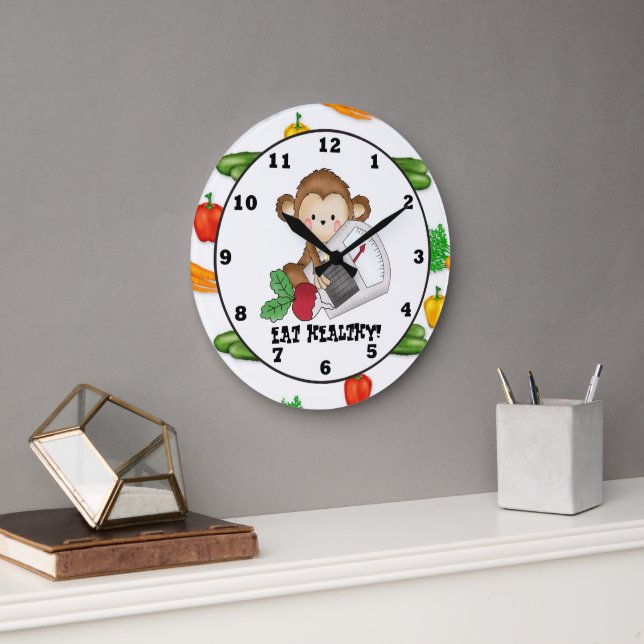 Eat Healthy Monkey tecknad wall klocka (Kontor)