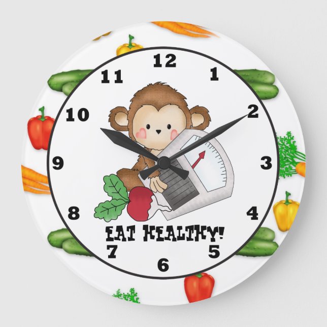 Eat Healthy Monkey tecknad wall klocka (Framsida)