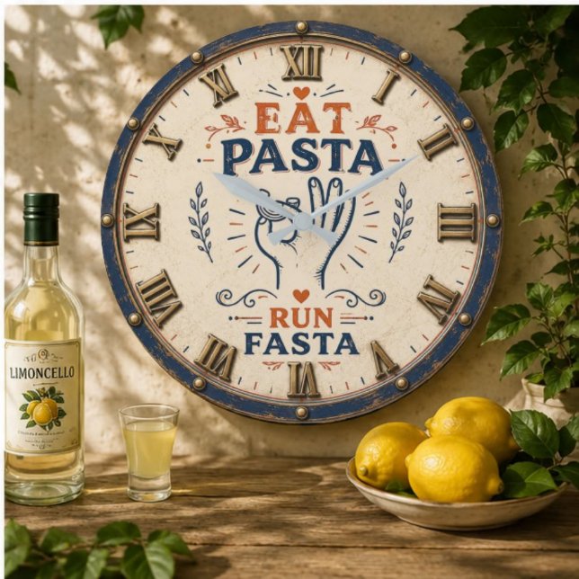 Eat Pasta Run Fasta Funny Italian Kitchen Decor  Stor Klocka (Skapare uppladdad)