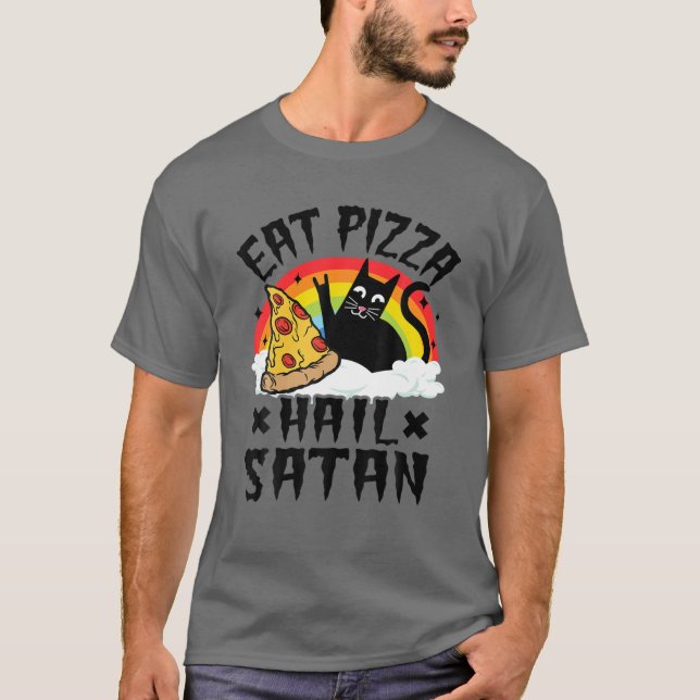 Eat Pizza Hail Satan Pet Cats Rainbow Funny Död T Shirt (Framsida)