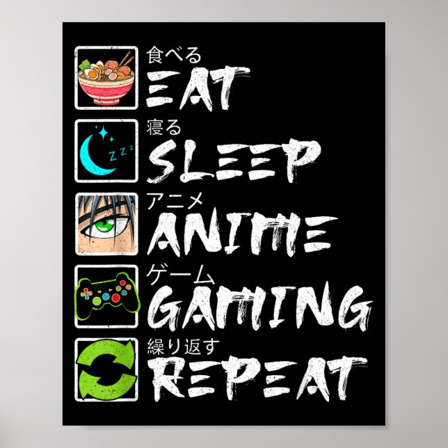 Eat Sleep Anime Gaming Repeat Gamer Men Teen Boy A Poster (Framsidan)