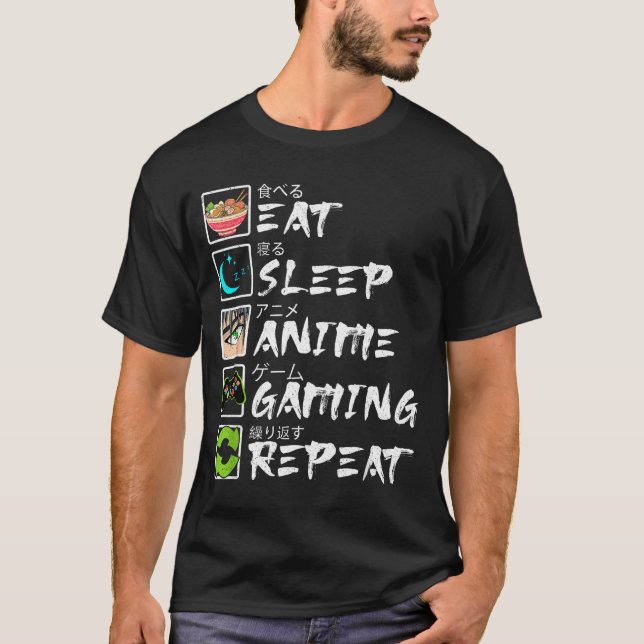 Eat Sleep Anime Gaming Repeat Gamer Men Teen Boy A T Shirt (Framsida)