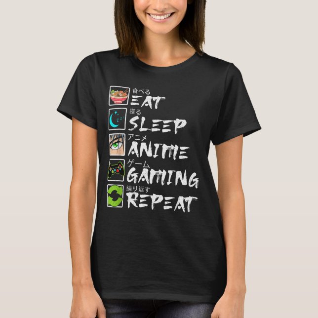 Eat Sleep Anime Gaming Repeat Gamer Men Teen Boy A T Shirt (Framsida)