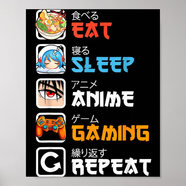 Eat Sleep Anime Gaming Repeat Gamer Men Teen Boy G Poster (Framsidan)
