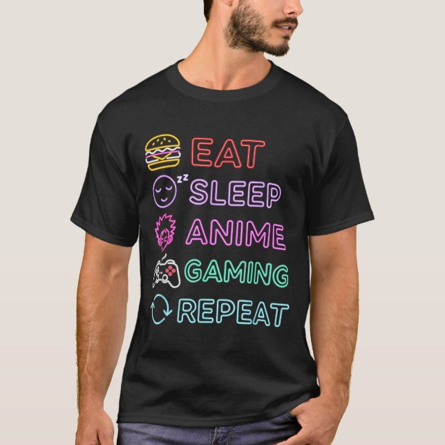 Eat Sleep Anime Gaming Repeat Gamer Men Teen Boy G T Shirt (Framsida)