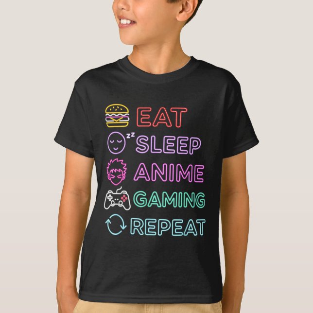 Eat Sleep Anime Gaming Repeat Gamer Men Teen Boy G T Shirt (Framsida)