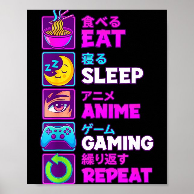 Eat Sleep Anime Gaming Repeat Kawaii Otaku Anime M Poster (Framsidan)