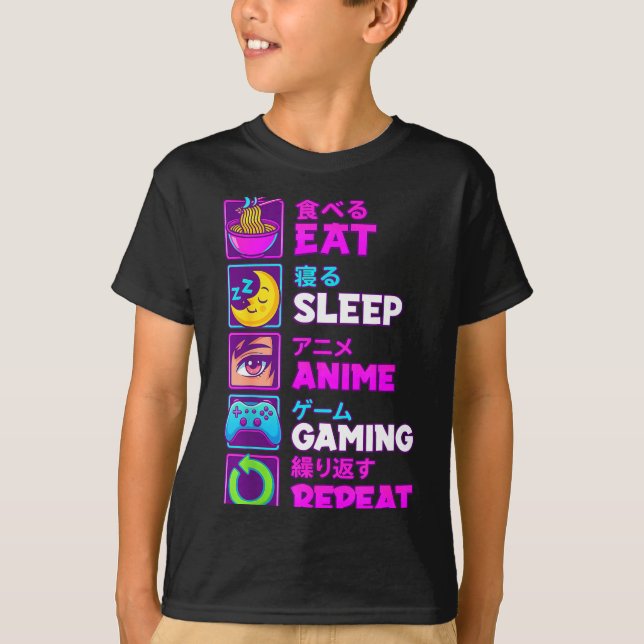 Eat Sleep Anime Gaming Repeat Kawaii Otaku Anime M T Shirt (Framsida)