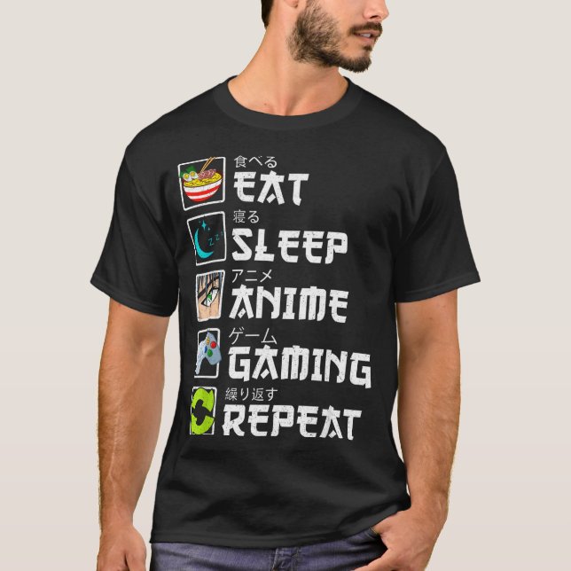 Eat Sleep Anime Gaming Repeat Kawaii Otaku Anime M T Shirt (Framsida)