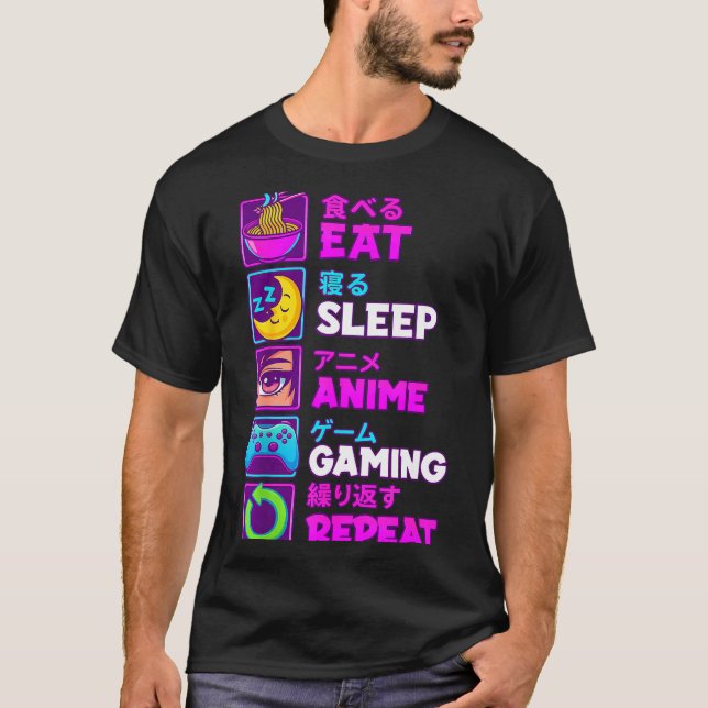 Eat Sleep Anime Gaming Repeat Kawaii Otaku Anime M T Shirt (Framsida)