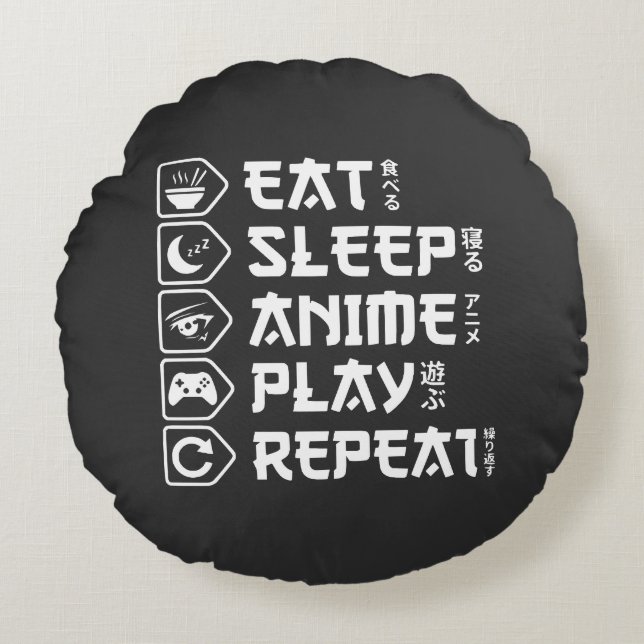 Eat Sleep Anime Play Repeat Otaku Anime Lifestyle Rund Kudde (Framsidan)