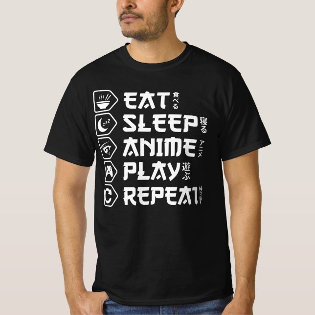 Eat Sleep Anime Play Repeat Otaku Anime Lifestyle T Shirt (Framsida)