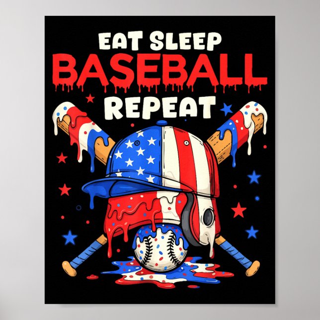 Eat Sleep Baseball Repeat Funny Ice Cream Drip Cro Poster (Framsidan)