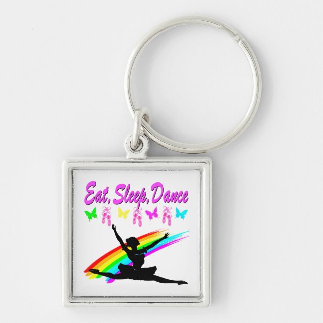 EAT, SLEEP, DANCE BALLERINA DESIGN FYRKANTIG SILVERFÄRGAD NYCKELRING (Framsidan)