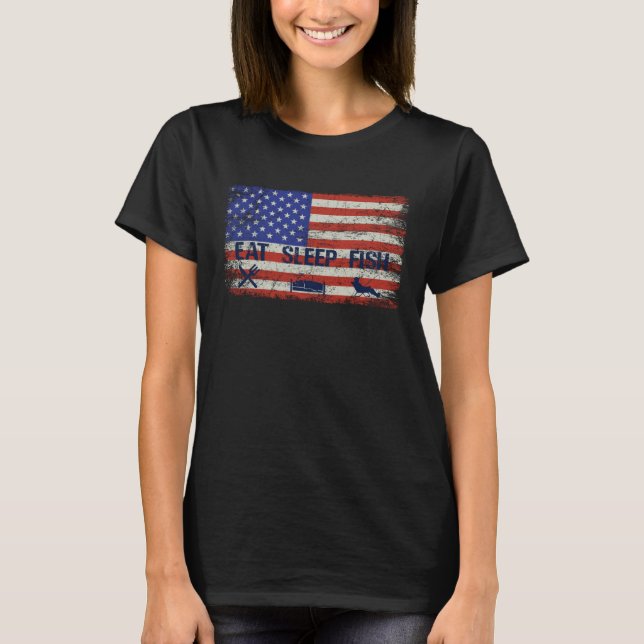EAT SLEEP FISH Patriotic USA American Flag men & w T Shirt (Framsida)