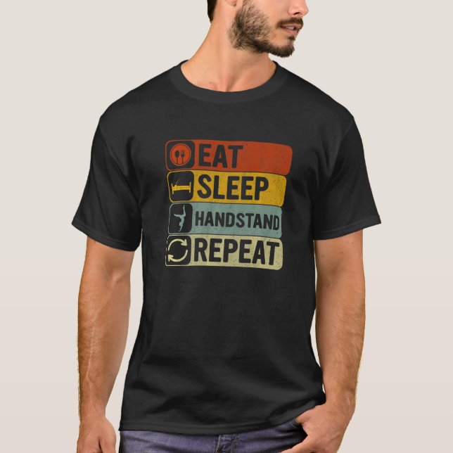 Eat Sleep Handstand Repeat Retro 60s 70s Yoga T Shirt (Framsida)