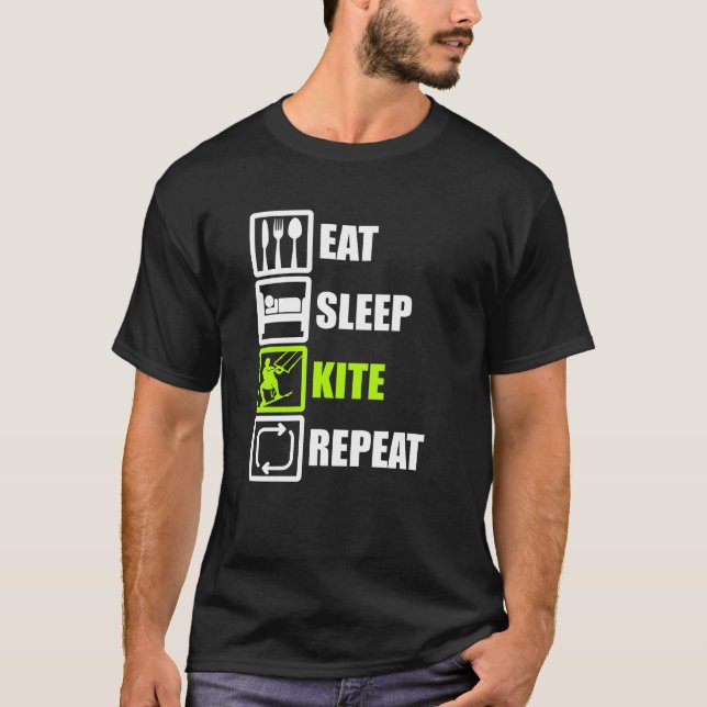 EAT SLEEP KITE REPAT Kiteboarding Kitesurfing T Shirt (Framsida)