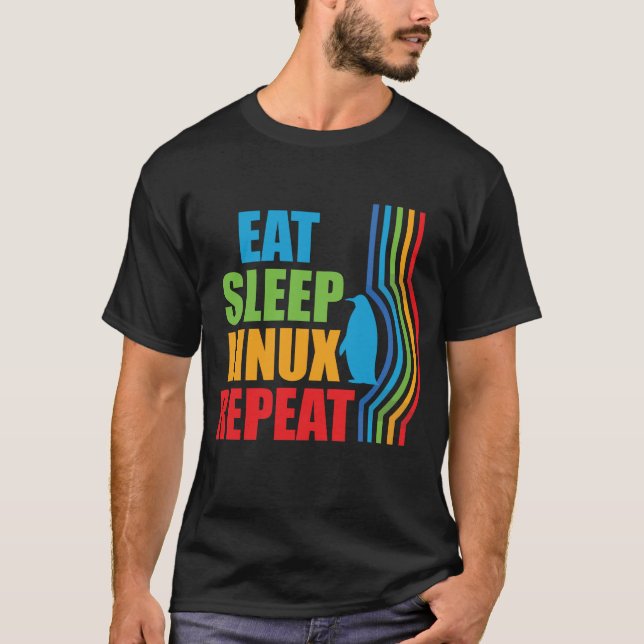 Eat Sleep Linux Repeat Retro Penguin Nerd Geek T Shirt (Framsida)