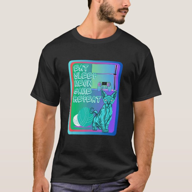 Eat sleep meow game repeat blue sphynx cat and con t shirt (Framsida)