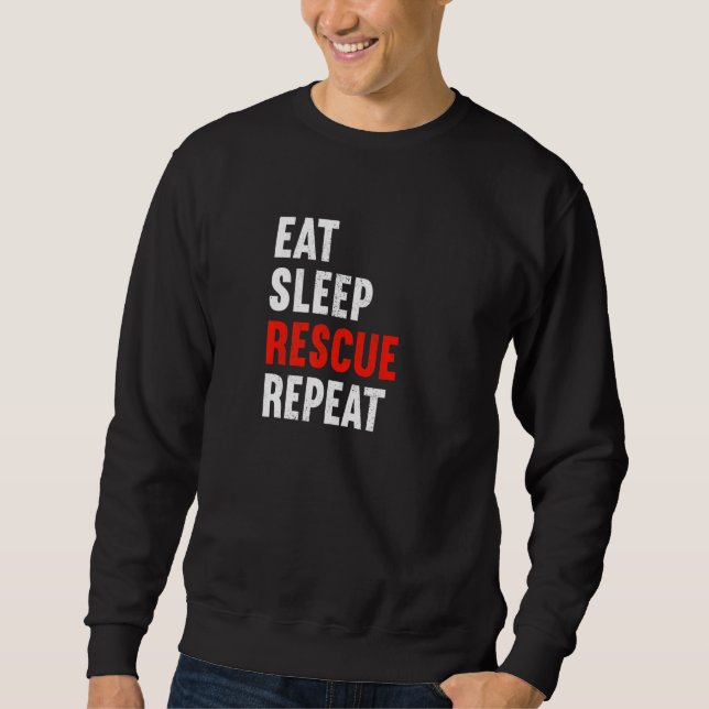 Eat Sleep Rescue Repeat Firefighter Laddermann Fir Lång Ärmad Tröja (Framsida)