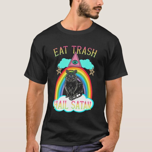 Eat Trash Hail Satan Raccoon Satanic T Shirt (Framsida)