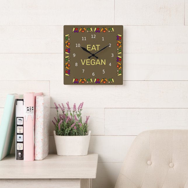 Eat Vegan, färglös vegetabilisk design, ord Fyrkantig Klocka (Läsesal)
