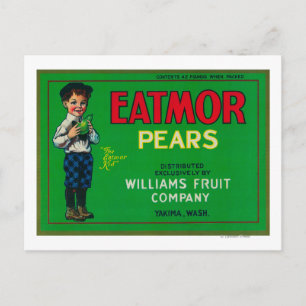 Eatmor Pear Låda LabelYakima, WA Vykort