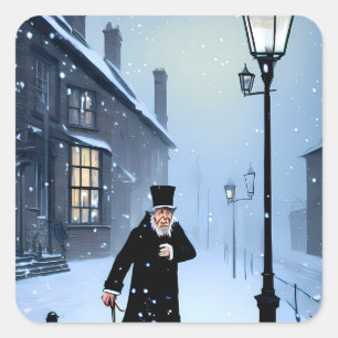 Ebenezer Scrooge Snowy Victorian Street Fyrkantigt Klistermärke