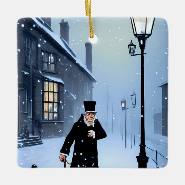 Ebenezer Scrooge Snowy Victorian Street Julgransprydnad Keramik (Framsida)