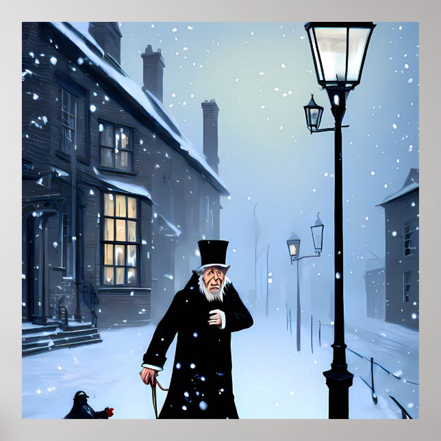 Ebenezer Scrooge Snowy Victorian Street Poster (Framsidan)