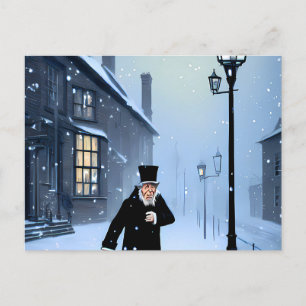 Ebenezer Scrooge Snowy Victorian Street Vykort