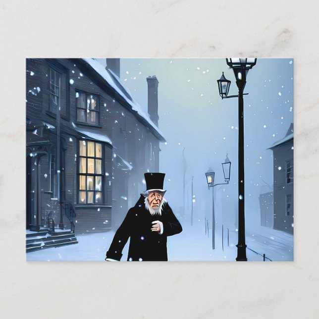 Ebenezer Scrooge Snowy Victorian Street Vykort (Framsida)