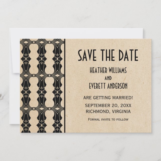 Ebony Art Deco kant Save the Date Inbjudan (Framsida)