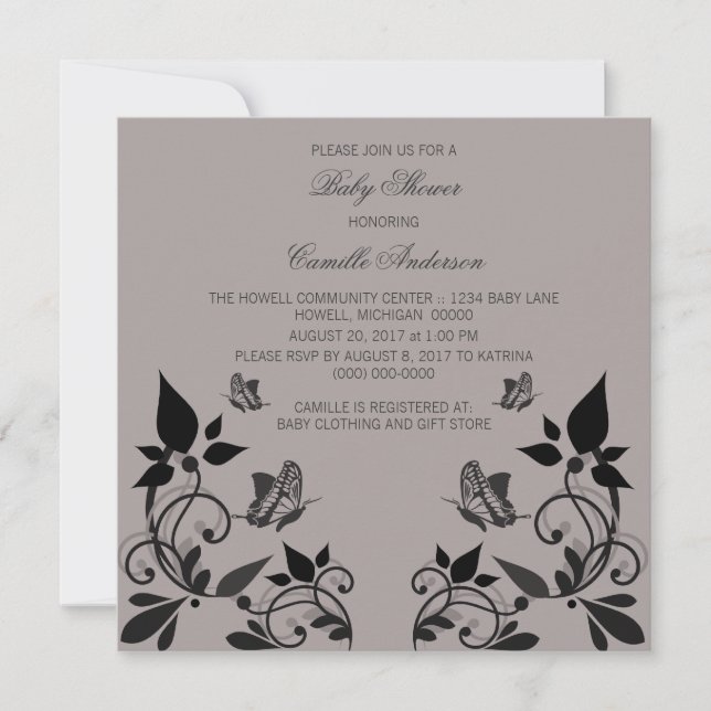 Ebony Butterfly Blommigt Baby Shower Inbjudan (Framsida)