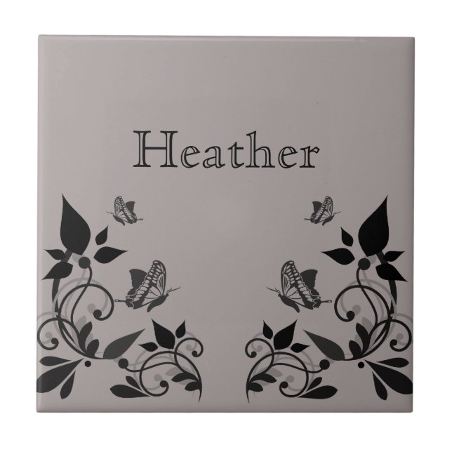 Ebony Butterfly Blommigt Tile Kakelplatta (Framsidan)