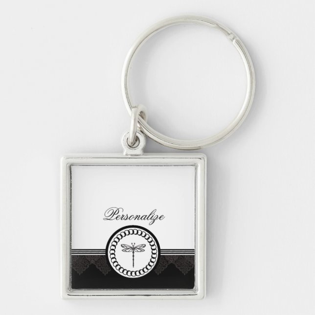 Ebony Dragonfly Emblem Keychain Fyrkantig Silverfärgad Nyckelring (Framsidan)