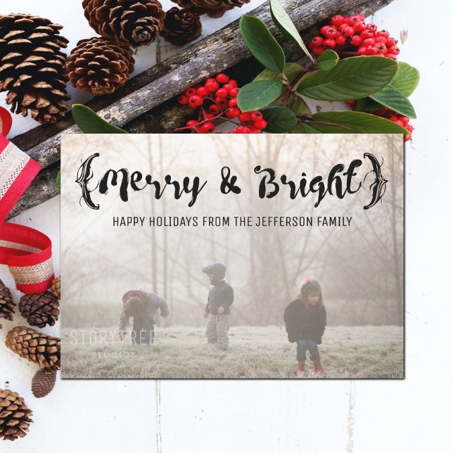 Ebony Elegant Sketched & Bright Photo Julkort (Ebony Elegant Sketched Merry and Bright Holiday Photo Card)
