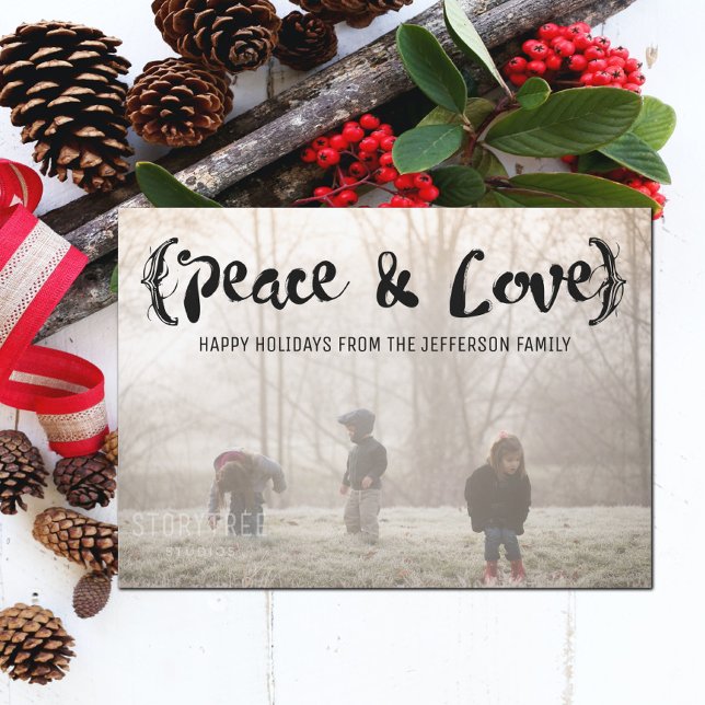 Ebony Elegant Sketched & Kärlek Helgdag Photo Julkort (Ebony Elegant Sketched Peace and Love Holiday Photo Card)