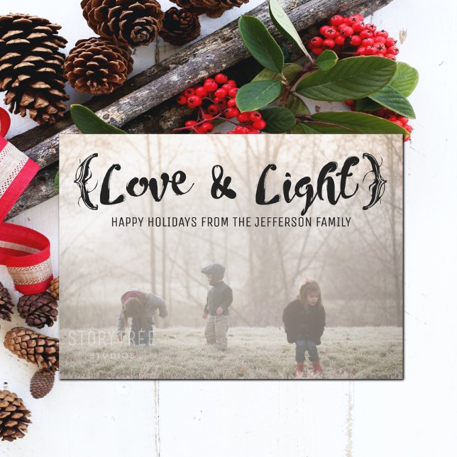 Ebony Elegant Sketched Kärlek & Light Helgdag Phot Julkort (Ebony Elegant Sketched Love and Light Holiday Photo Card)