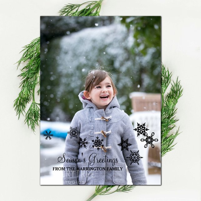 Ebony Elegant Snöflingor Helgdag Photo Card Julkort (Ebony Elegant Snowflakes Holiday Photo Card)
