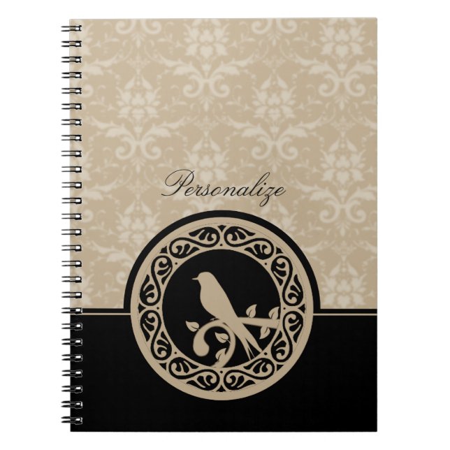 Ebony Lovebird Damask - bärbar dator Anteckningsbok Med Spiral (Framsidan)