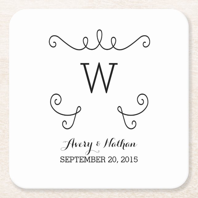 Ebony Whimsical Flourish Monogram Papper Underlägg Kvadrat (Framsidan)