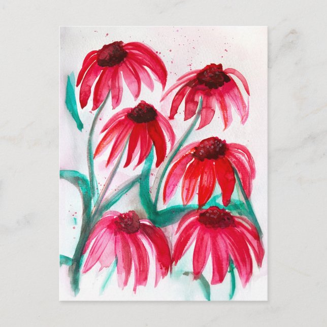 Echinacea Flowers in Bloom - Watercolor Stil Helg Vykort (Framsida)