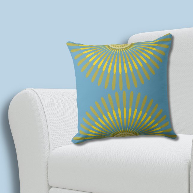 Eclectic Summer Gult och Blue Feathery Fläkt Kudde (Eclectic Summer Yellow and Blue Feathery Fan Throw Pillow)