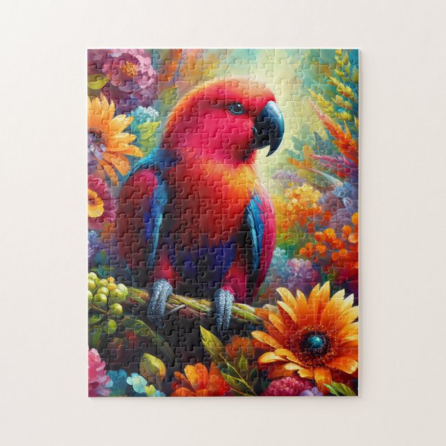 Eclectus Parrot med färgade blommor Pussel (Vertikal)
