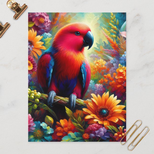 Eclectus Parrot med färgade blommor Vykort (Skapare uppladdad)