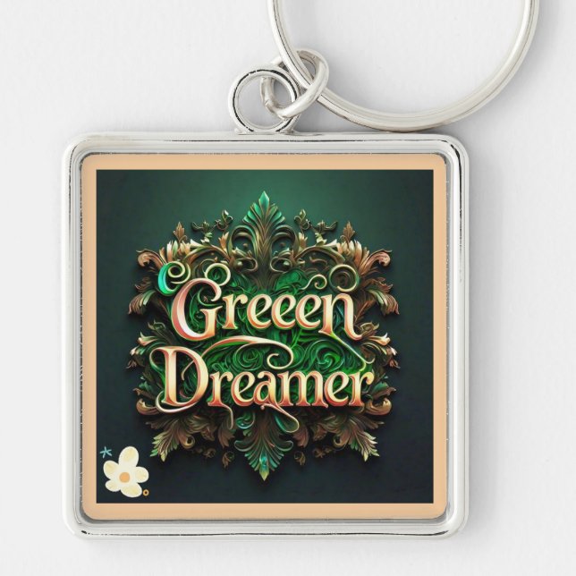 "Eco Friendly Future" Fyrkantig Silverfärgad Nyckelring (Framsidan)